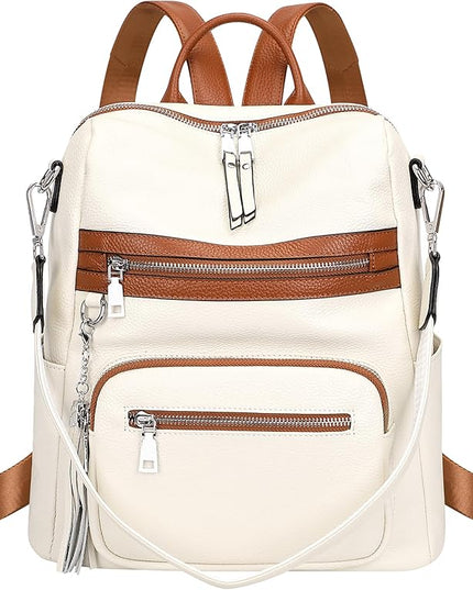 ALTOSY Genuine Leather Backpack Purse for Women Large Shoulder Bag With Laptop Compartment Multiple Pockets (S106 Beige/Brown)