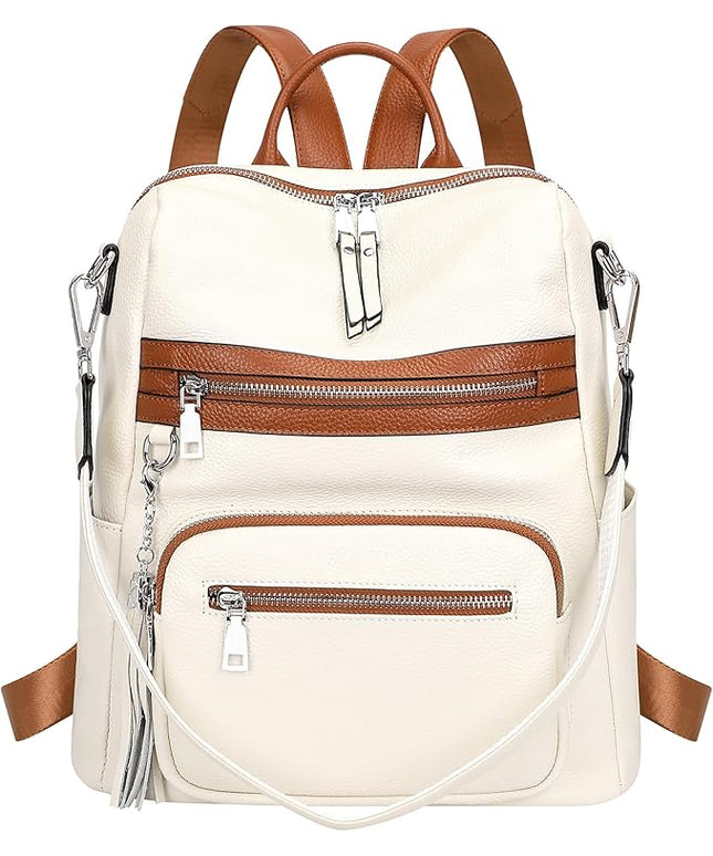 ALTOSY Genuine Leather Backpack Purse for Women Large Shoulder Bag With Laptop Compartment Multiple Pockets (S106 Beige/Brown)