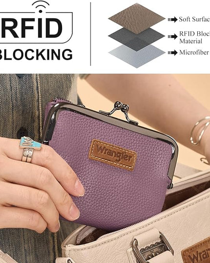 Montana West Wrangler Women's Wallet RFID Blocking Wallets Small Bifold Credit Card Holder with Kiss Clasp Purple