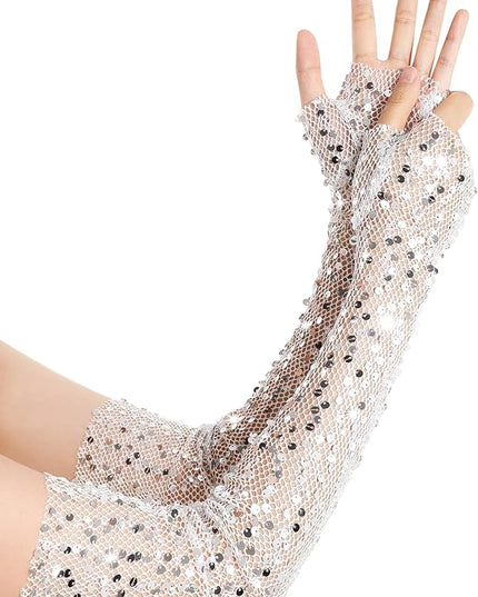 BABEYOND Opera Gloves for Women - Long Fingerless Sequin Sparkling Glitter Gloves Tea Party Stretchy Adult Size Elbow Length