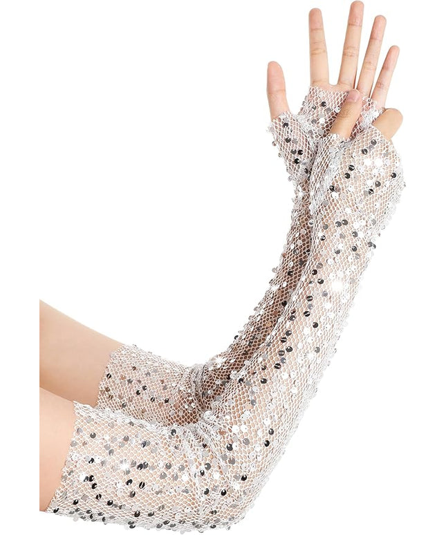 BABEYOND Opera Gloves for Women - Long Fingerless Sequin Sparkling Glitter Gloves Tea Party Stretchy Adult Size Elbow Length