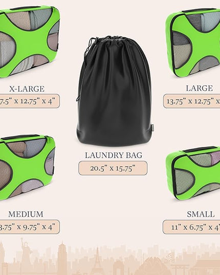 Shacke Premium 5 Packing Cubes Set - Lightweight Mesh Travel Luggage Organizers with Laundry Bag, 5-Piece Suitcase Storage System (Green Grass)