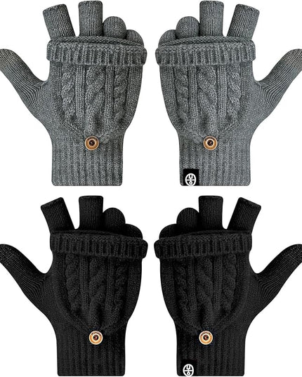 Winter Fingerless Gloves for Women Men Warm Knitted Convertible Mittens Flap Cover