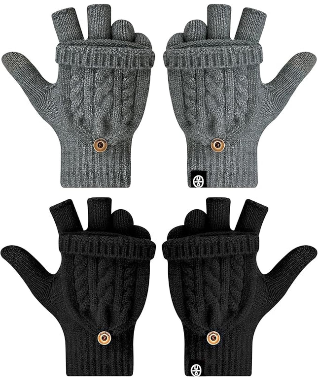 Winter Fingerless Gloves for Women Men Warm Knitted Convertible Mittens Flap Cover