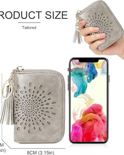APHISON RFID Credit Card Holder Zipper Card Case Keychain Small Wallet for Women 1927 GRAY