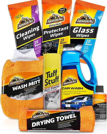 Armor All Car Wash and Cleaner Kit, Includes Cleaning Wipes for Car Interior, Cleaner Concentrate, Car Air Freshener, Microfiber Towels (8 Piece Kit)
