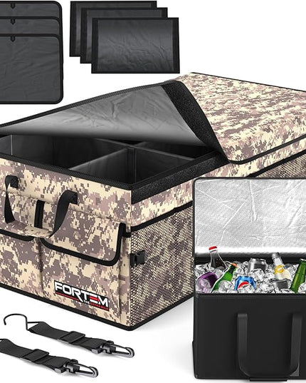 FORTEM Trunk Organizer with Cooler For SUV Car Trunk, Foldable Storage, Car Accessories for Women Men, Collapsible Bag, Perfect Christmas Gifts, 600D Oxford, Non Slip Bottom, Straps, Soft Cover (105L)