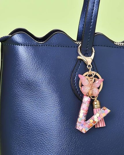 Fashion Alphabet Initial Letter Keychain Tassel Butterfly Pendant Key Ring for Purse Handbags Women Girl
