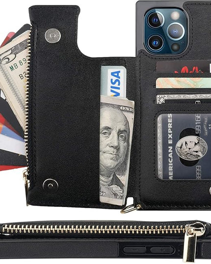 Bocasal Crossbody Wallet Case for iPhone 12 Pro Max with Card Holder,Zipper Card Slot Protector Shockproof Purse Cover with Removable Cross Body Strap 6.7 Inch(Black)