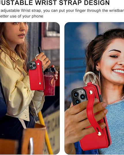 Folosu for iPhone 16 Pro Max Wallet Case with Card Holder, Hand Wrist Strap Loop Holder Kickstand, RFID Blocking Finger Grip Ring PU Leather Double Buttons Shockproof Cover 6.9" Red