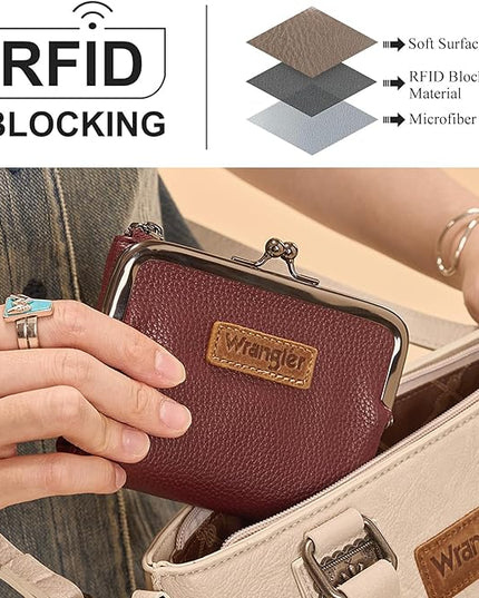 Montana West Wrangler Women's Wallet RFID Blocking Wallets Small Bifold Credit Card Holder with Kiss Clasp Burgundy Red