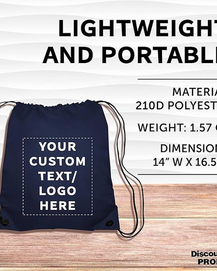 DISCOUNT PROMOS Custom Classic Polyester Drawstring Bagpack Set of 10/50/100, Personalized Bulk Pack - Great for Travelling, Gym and for Everyday Use - Navy Blue