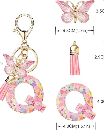 Fashion Alphabet Initial Letter Keychain Tassel Butterfly Pendant Key Ring for Purse Handbags Women Girl