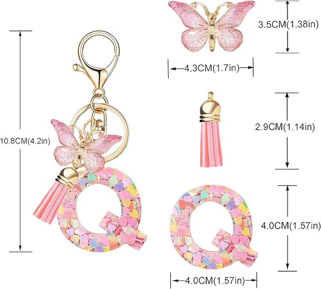 Fashion Alphabet Initial Letter Keychain Tassel Butterfly Pendant Key Ring for Purse Handbags Women Girl