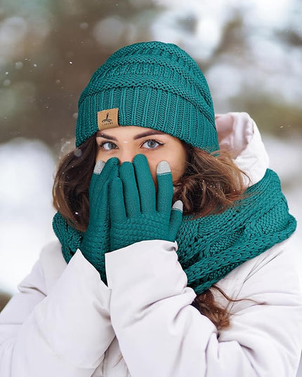 Winter Beanie Hat Scarf Gloves, Warm Fleece Knit Hats Touch Screen Gloves Neck Scarf Set Winter Gifts for Unisex Adult