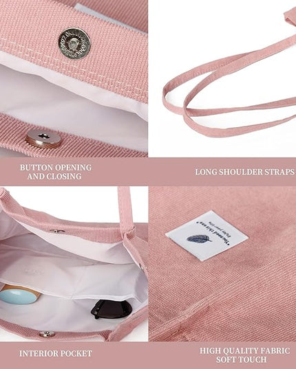 Corduroy Tote Bag Cute Tote Bags for Women Shoulder Bag with Inner Pocket for Work Beach Travel and Shopping Grocery