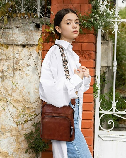 Iswee Leather Crossbody Bags for Women Multi Pockets Medium Shoulder Bag Lightweight Functional Travel Purse
