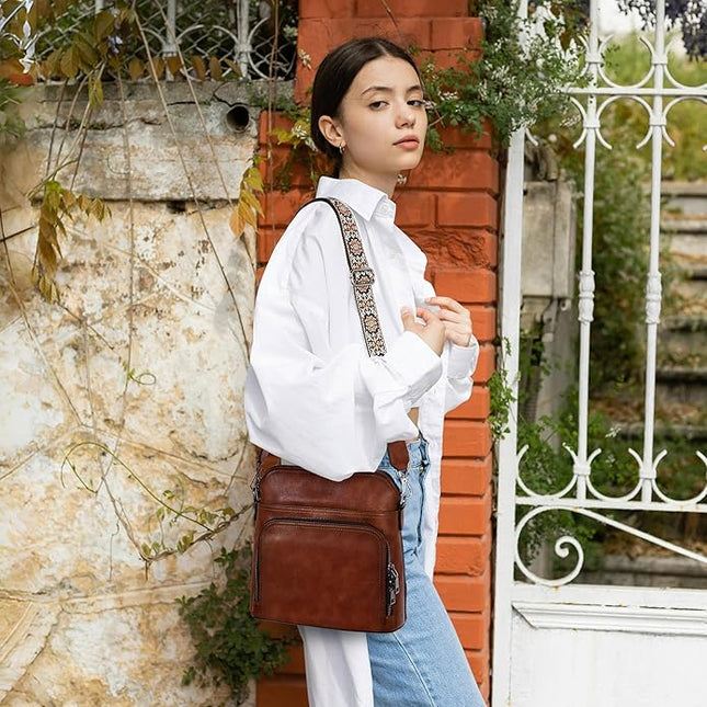 Iswee Leather Crossbody Bags for Women Multi Pockets Medium Shoulder Bag Lightweight Functional Travel Purse