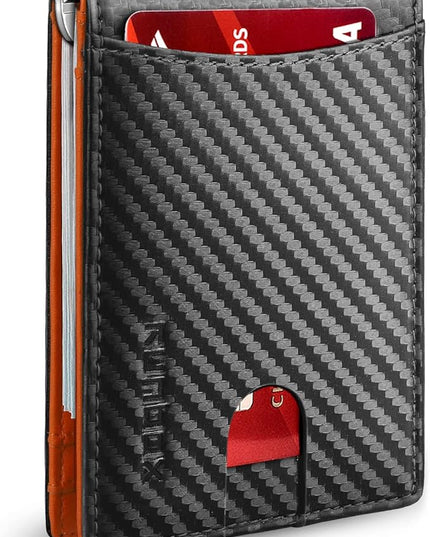 RUNBOX Slim Wallets for Men with RFID Blocking & Minimalist Mens Front Pocket Wallet Leather Black&inner Orange