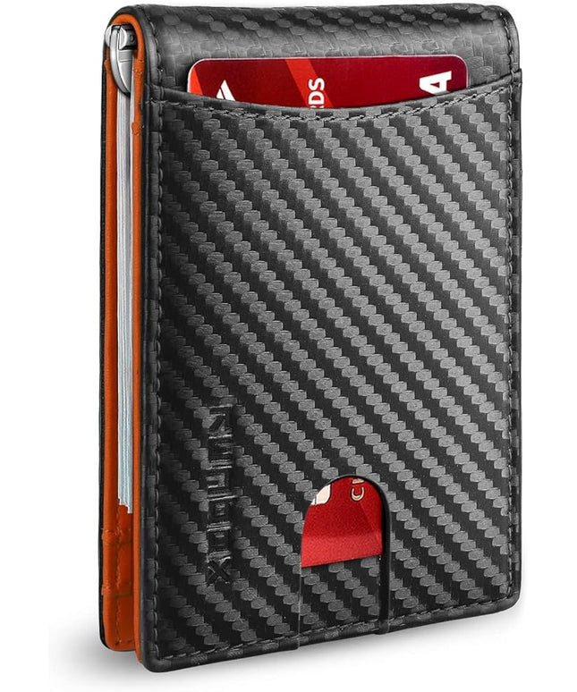RUNBOX Slim Wallets for Men with RFID Blocking & Minimalist Mens Front Pocket Wallet Leather Black&inner Orange
