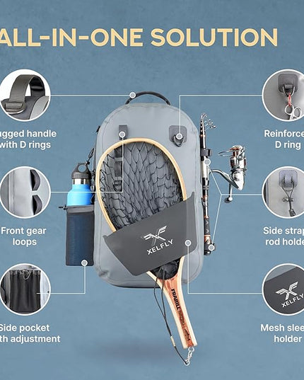 Xelfly - Waterproof Fishing Backpack with Rod Holder, Inflatable Air Valve, Padded Waist Straps & Gear Loops - Submersible Zipper, Rugged Top Handle, Adjustable Attachments (Blue)