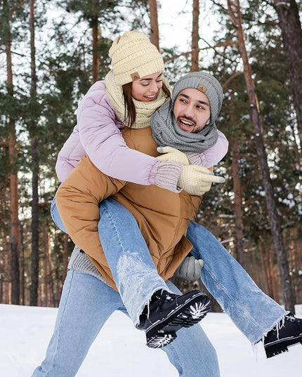 Winter Beanie Hat Scarf Gloves, Warm Fleece Knit Hats Touch Screen Gloves Neck Scarf Set Winter Gifts for Unisex Adult