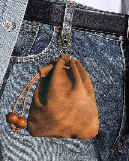 Wugebud 1 Pcs Leather Mini Medieval Pouch Keychain, Coin Organizer, Change Holder, Leather Drawstring Pouch for Men & Women