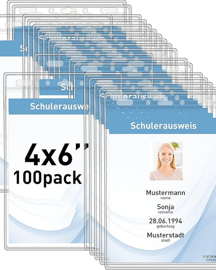 Plastic Vertical Card Holders (4 x 6 Inch, Clear, 100 Pack) - Passport, ID, Name Tag & Topload Name Badge Holders, No Zipper