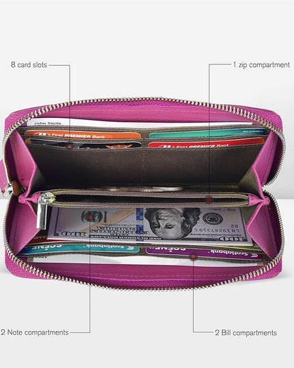 Oak Leathers Pink RFID Leather Wallet for Women - Womens Wallet Clutch with 8 Credit Card Holder, Coin Pocket, Gift for Women’s