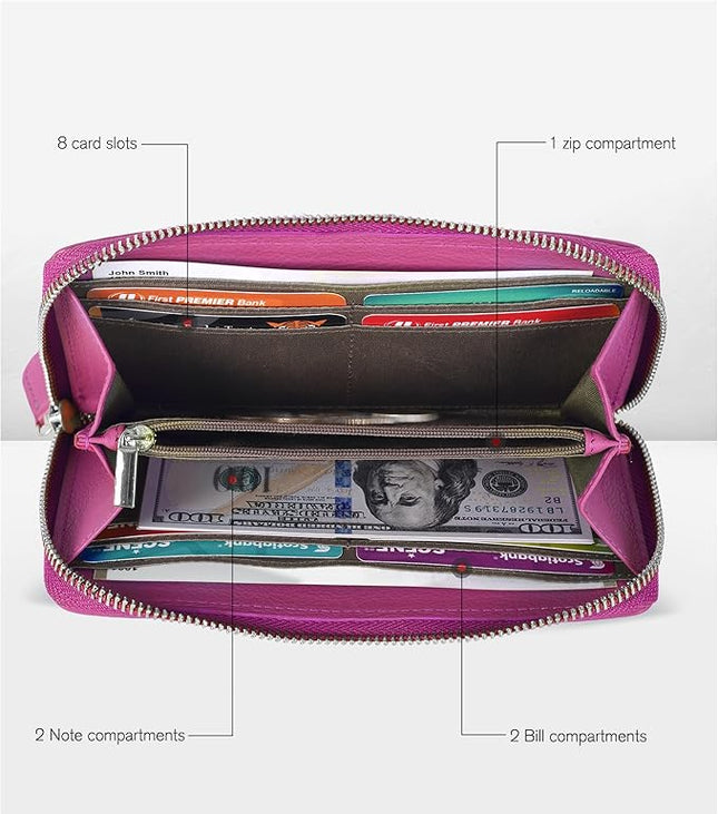 Oak Leathers Pink RFID Leather Wallet for Women - Womens Wallet Clutch with 8 Credit Card Holder, Coin Pocket, Gift for Women’s