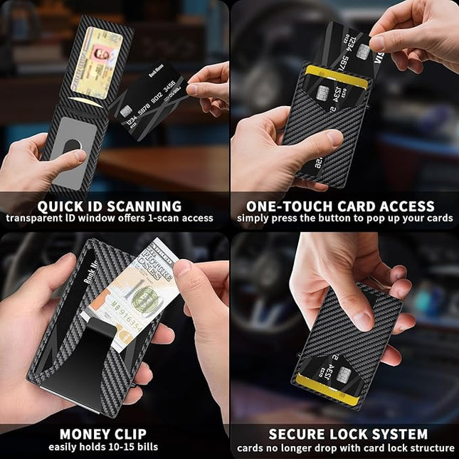 KISUEDZP Wallet for Men Slim RFID Blocking -Metal Smart Pop-Up Credit Card Holder with 2 ID Windows, Holds 8-10 Cards,Bifold Minimalist Front Pocket Wallet & Money Clip,Men's accessories(Carbon)