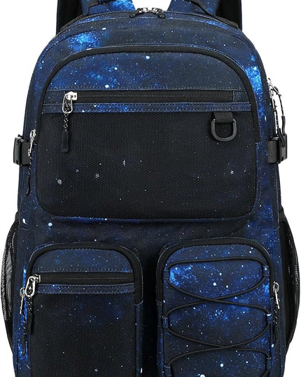Lohol Multi-Pocket Backpack for Travel College, Heavy Duty Big Bookbag with 15.6 inch Laptop Compartment (Black Blue Galaxy