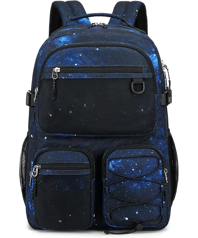 Lohol Multi-Pocket Backpack for Travel College, Heavy Duty Big Bookbag with 15.6 inch Laptop Compartment (Black Blue Galaxy