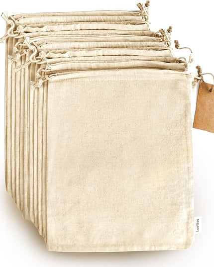 LEAFICO Organic Cotton Produce Bags - Medium 8x10 Inch (12 Bags) - Reusable Muslin Storage Bags with Drawstrings - Biodegradable Canvas Fabric - Perfect for Snacks, Clothes