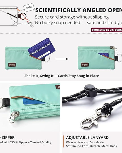 RFID Travel Wallet with Adjustable Lanyard-Zipper Small Wallet with ID Card Holder, Keychain for women&men-Minimalist Slim Waterproof Nylon case for ID, Cash, Key (Mint Aqua)