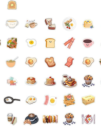BulbaCraft Cute Breakfast Food Stickers for Scrapbooking, Water Bottle & Laptop - Breakfast Party Supplies & Decorations, Kawaii Food Stickers, Waterproof Vinyl Decals, Gifts for Women & Men