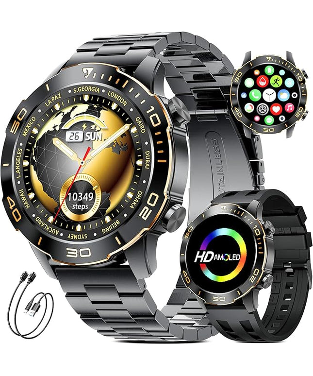 Military Smart Watch for Men(Answer/Calls),1.43''AMOLED Screen,500mAh 5ATM Waterproof,170 Sports Modes, Fitness Tracker Watch with Heart Rate/SpO2/Blood Pressure for Android/iOS,Smartwatch Black
