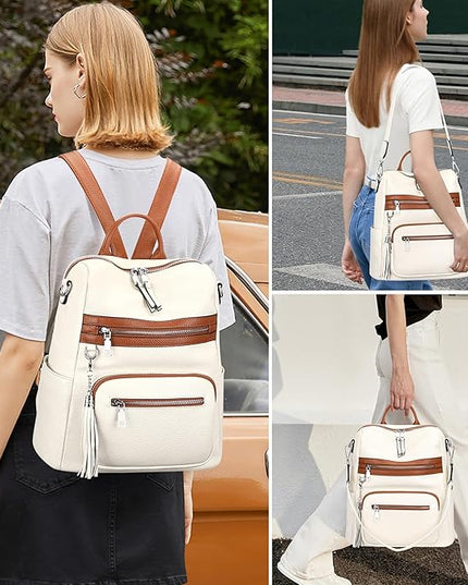ALTOSY Genuine Leather Backpack Purse for Women Large Shoulder Bag With Laptop Compartment Multiple Pockets (S106 Beige/Brown)