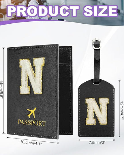 PATIKIL Passport Holder for Travel, Initial Passport Cover and Luggage Tag Set with Alphabet Chenille Letter Patch Travel Wallet Bag Suitcase Identifier for Women Family Travel Black N