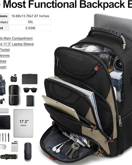 Boavan Laptop Backpack for men, 17.3 inch Laptop Bag with USB Port, Waterproof Travel Work Backpack Purse, Anti-Theft Teacher Nurse Doctor Casual Bookbags Office Business backpack，Black&Khaki