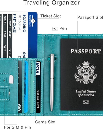 WALNEW Passport Holder for Travel, RFID Passport Cover Wallet for Women Men, PU Leather Passport Book Card Holder Case with Pen, Travelling Essentials for Flying