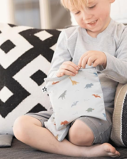 Tiny Twinkle Reusable Snack Bags for Kids – 3 Pack Snack Pouches & Sandwich Bag for Toddlers – Machine Washable, Mess-Proof for Lunch & Travel (Dinosaur)
