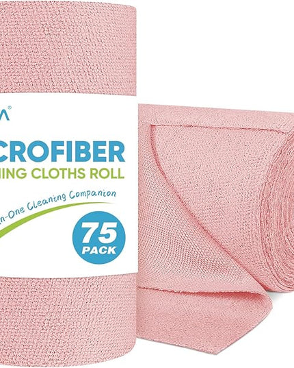 AIDEA Microfiber Cleaning Cloth Roll, 75PK, Tear Away Reusable Paper Towels, Pink Towels Lint Free Rags for House, Kitchen, Car Cleaning Supplies, 11.5"×11.5"