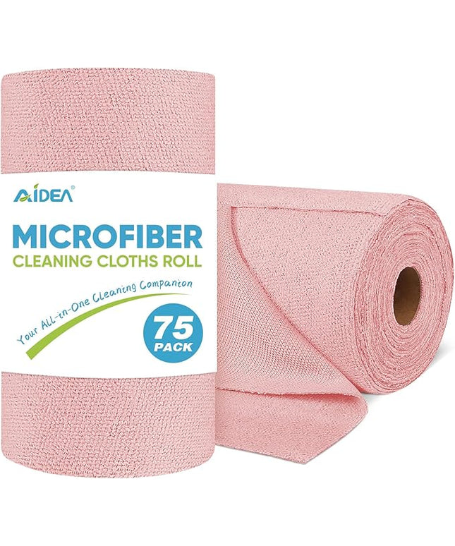 AIDEA Microfiber Cleaning Cloth Roll, 75PK, Tear Away Reusable Paper Towels, Pink Towels Lint Free Rags for House, Kitchen, Car Cleaning Supplies, 11.5"×11.5"