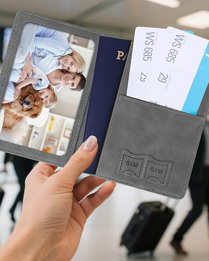 Passport Holder for Travel, RFID Blocking Passport Cover with Pen Holder Leather Passport Wallet Case Travel Must Haves Accessories Passport Book Card Holder for Family Travel Essentials Gifts, Gray