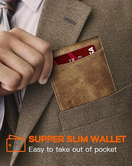 RUNBOX Slim Wallet for Men Genuine Leather RFID Blocking Bifold Minimalist Front Pocket Mens Wallet with Money Clip Thin Gift Box