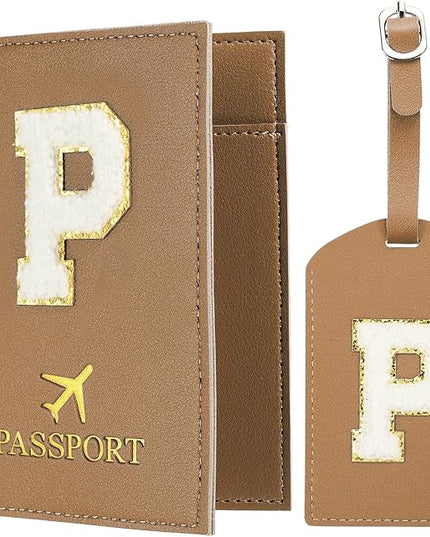 PATIKIL Passport Holder for Travel, Initial Passport Cover and Luggage Tag Set with Alphabet Chenille Letter Patch Travel Wallet Bag Suitcase Identifier for Women Family Travel Brown P