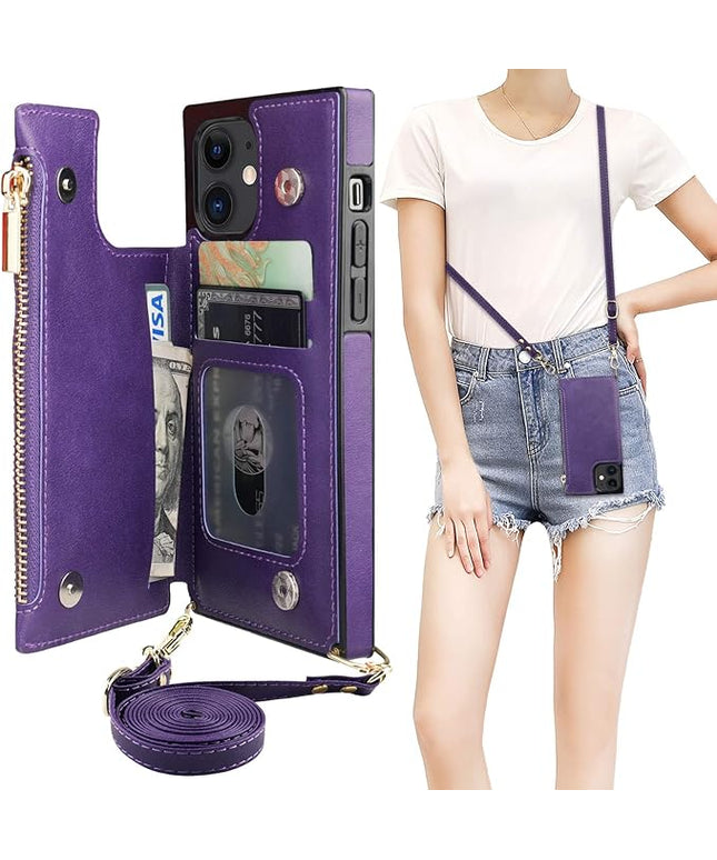 Bocasal Crossbody Wallet Case for iPhone 12/12 Pro with Card Holder,Zipper Card Slot Protector Shockproof Purse Cover with Removable Cross Body Strap 6.1 Inch(Purple)