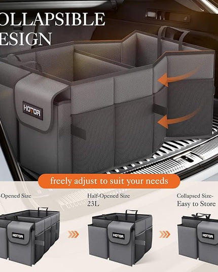 HOTOR Foldable Trunk Organizer - 2-Compartment 21.3"×12.6"×10.6" Grey SUV & Sedan Organizer for Accessories, Tools and Sundries