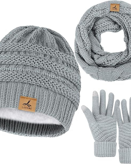 Winter Beanie Hat Scarf Gloves, Warm Fleece Knit Hats Touch Screen Gloves Neck Scarf Set Winter Gifts for Unisex Adult